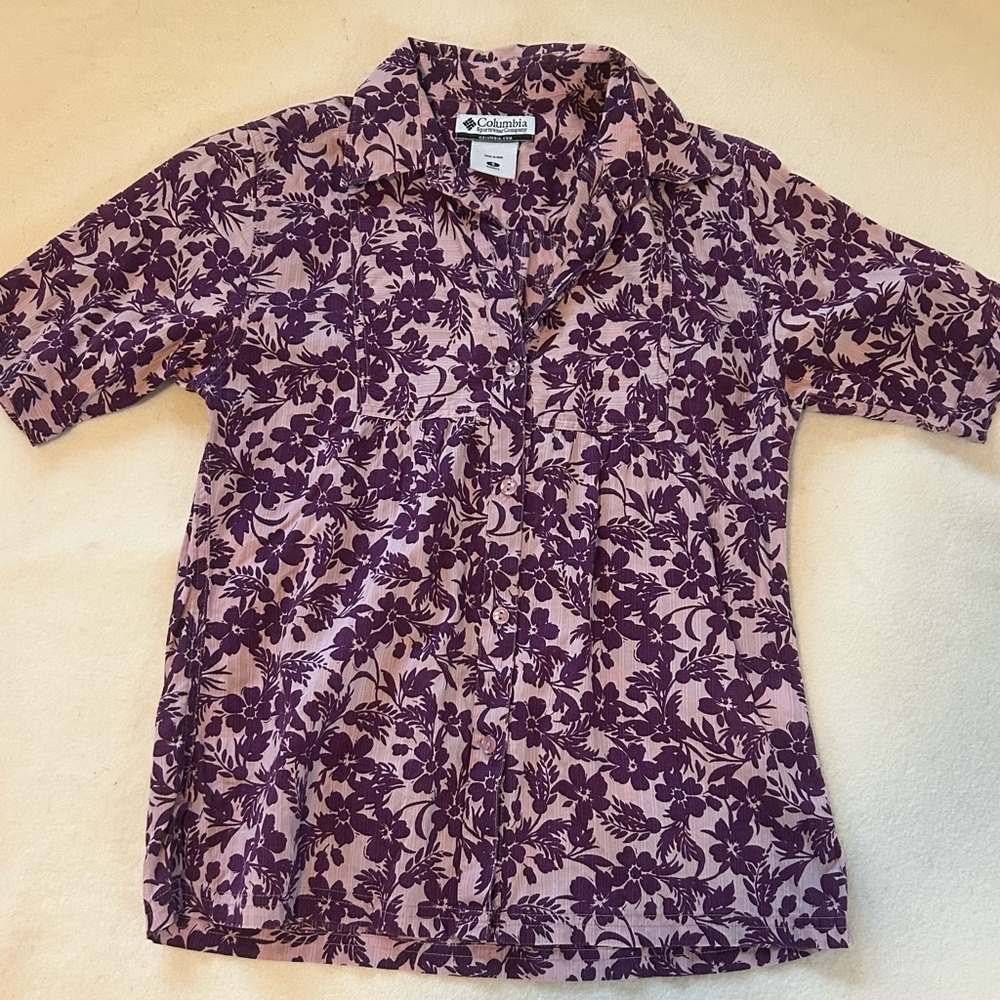 Columbia Women’s Button Down Shirt with Purple Floral Pattern